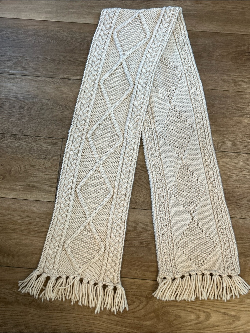 100% Merino Wool Cable Knit Scarf Cream Ivory Aran Fringe Handmade Heritage